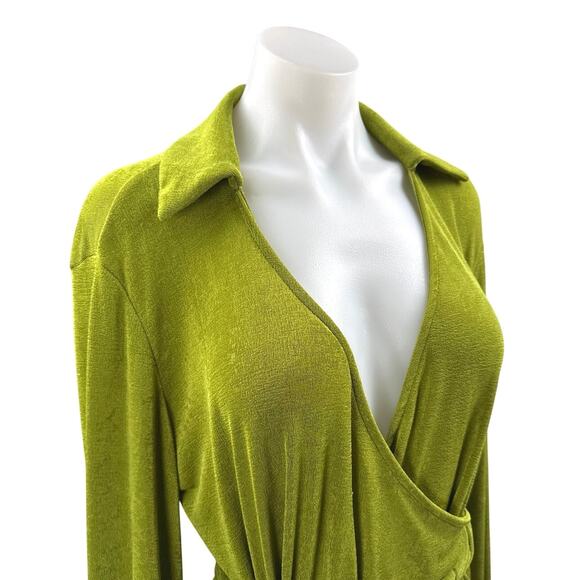 Princess Polly Green Long Sleeve Collared Deep V Neck Wrap Mini Dress Size 2 - Picture 3 of 4